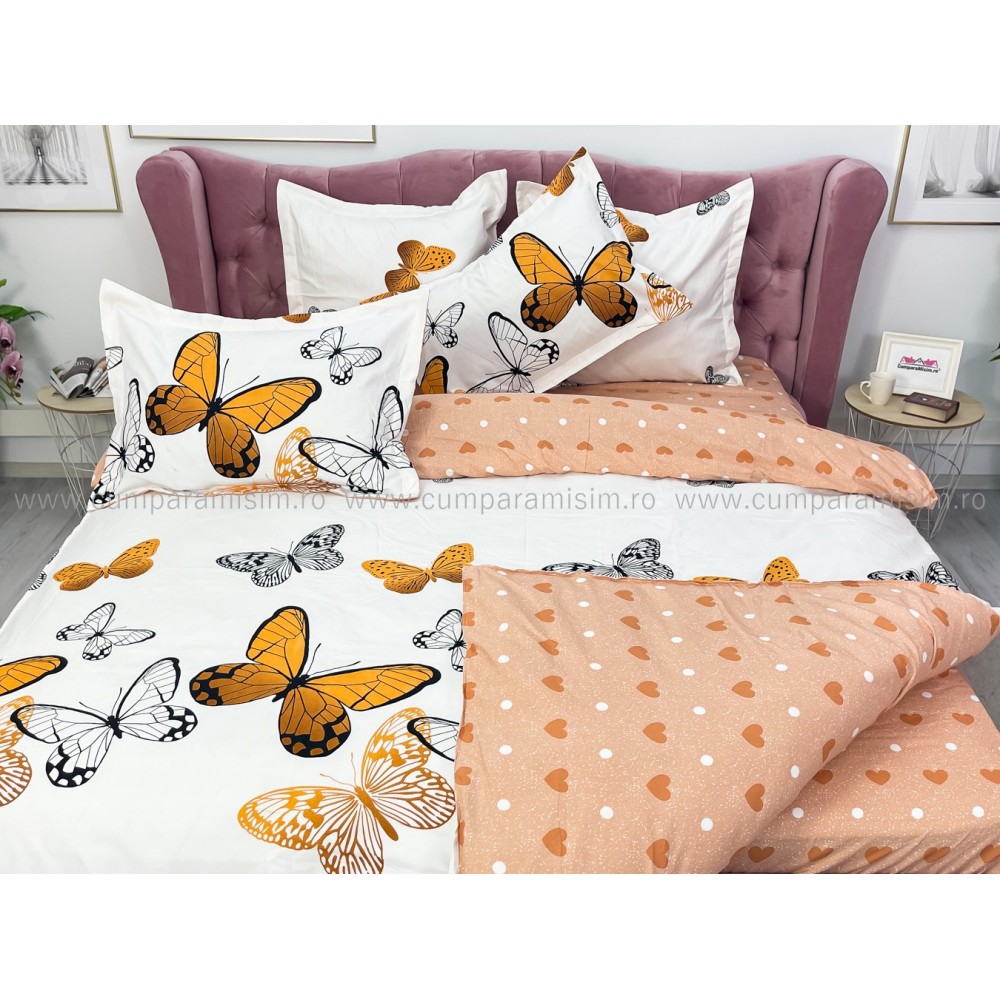 Lenjerie pat dublu, Finet, 6 piese, Bej, fluturi — imaginea 13