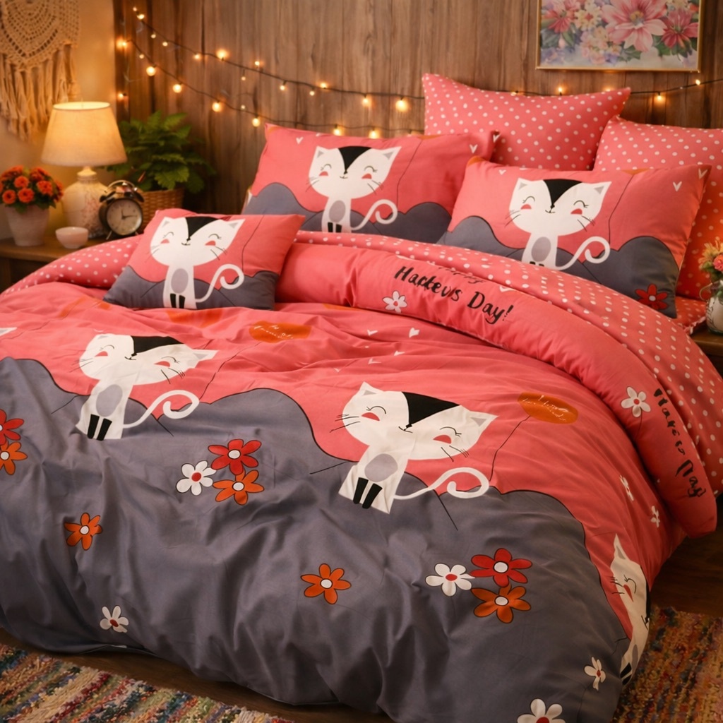 Lenjerie pat dublu, Finet, 6 piese, Gri-Roz, pisici, flori - view 4