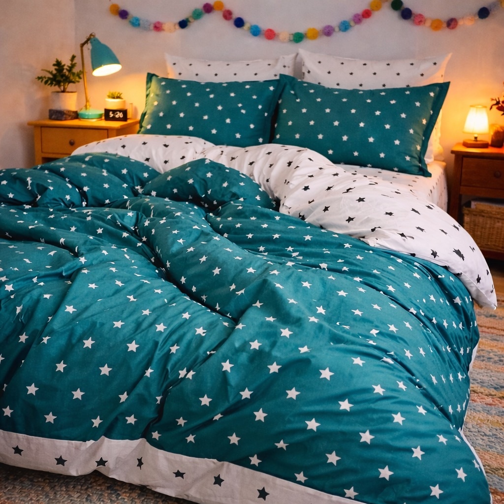 Lenjerie pat dublu, Finet, 6 piese, Turquoise, stelute - imagine 2