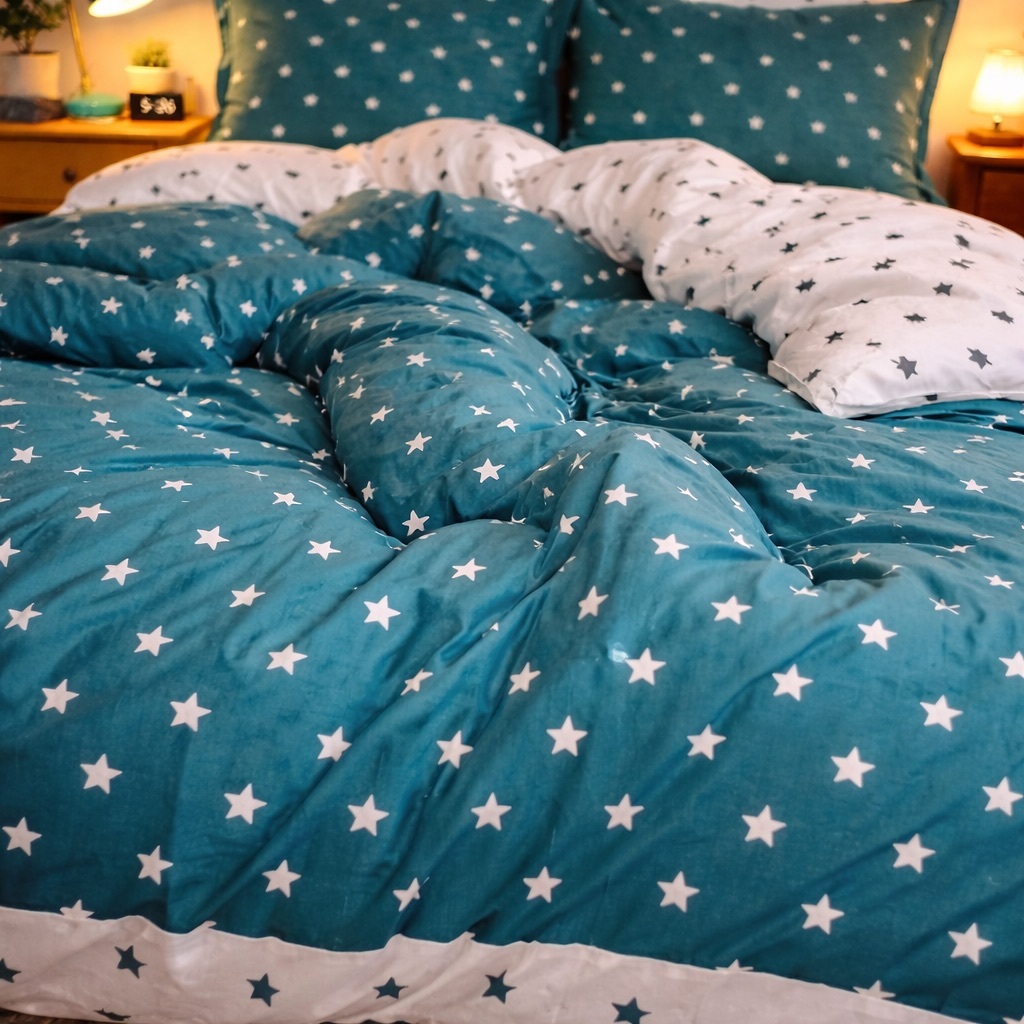 Lenjerie pat dublu, Finet, 6 piese, Turquoise, stelute - imagine 3