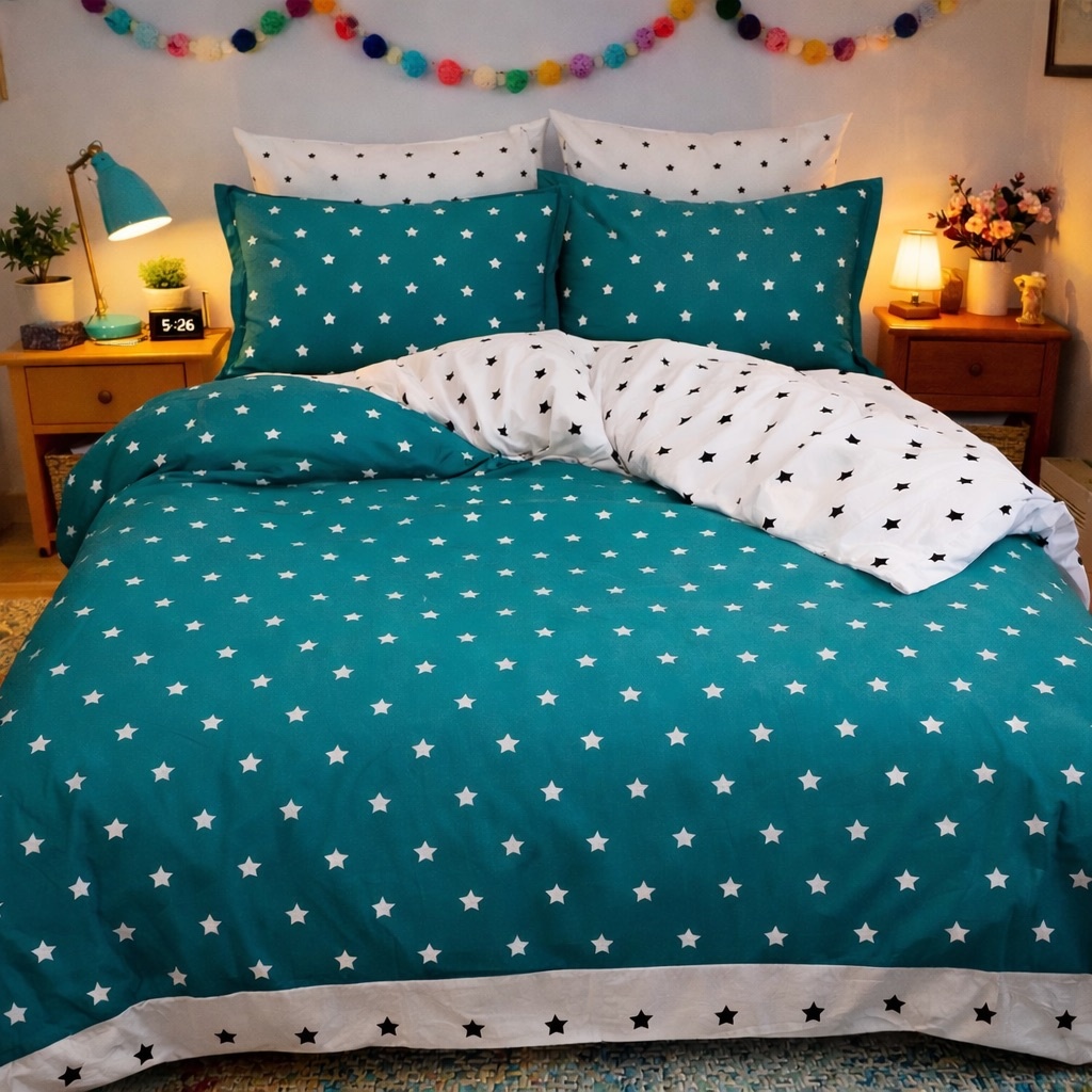 Lenjerie pat dublu, Finet, 6 piese, Turquoise, stelute - imagine 4