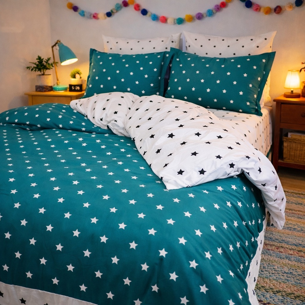 Lenjerie pat dublu, Finet, 6 piese, Turquoise, stelute - imagine 5