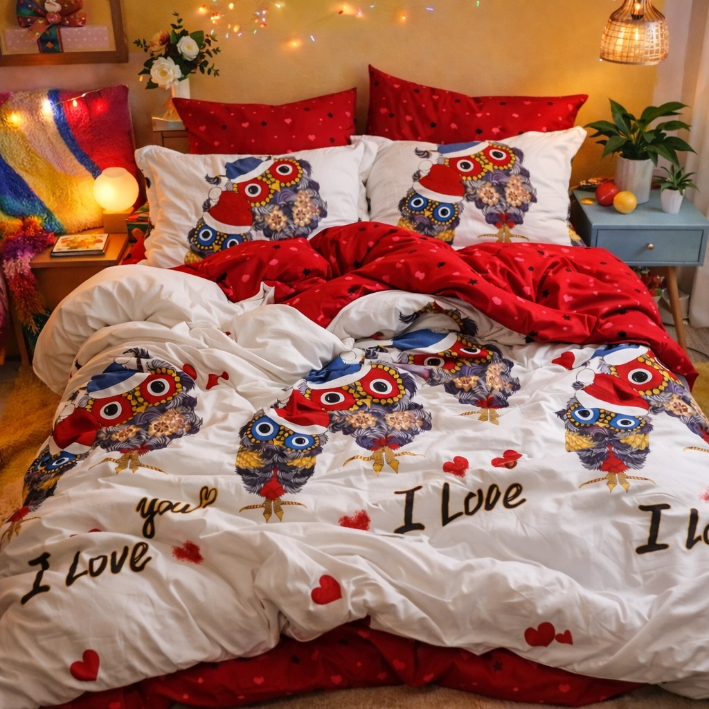 Lenjerie pat dublu, Finet, 6 piese, Alb-Rosu, bufnite - imagine 3