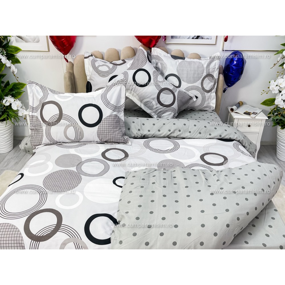 Lenjerie pat dublu, Finet, 6 piese, Gri, cercuri - view 14