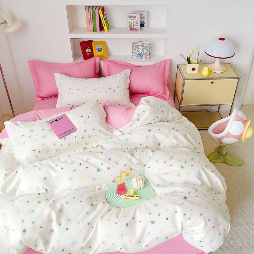 Lenjerie pat dublu, Finet, 6 piese, Roz, buline — imaginea 2