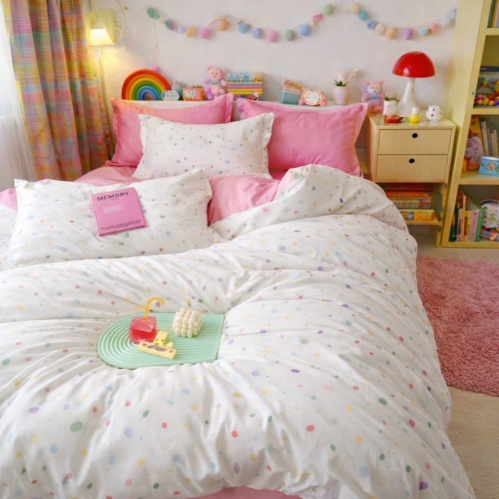 Lenjerie pat dublu, Finet, 6 piese, Roz, buline — imaginea 3