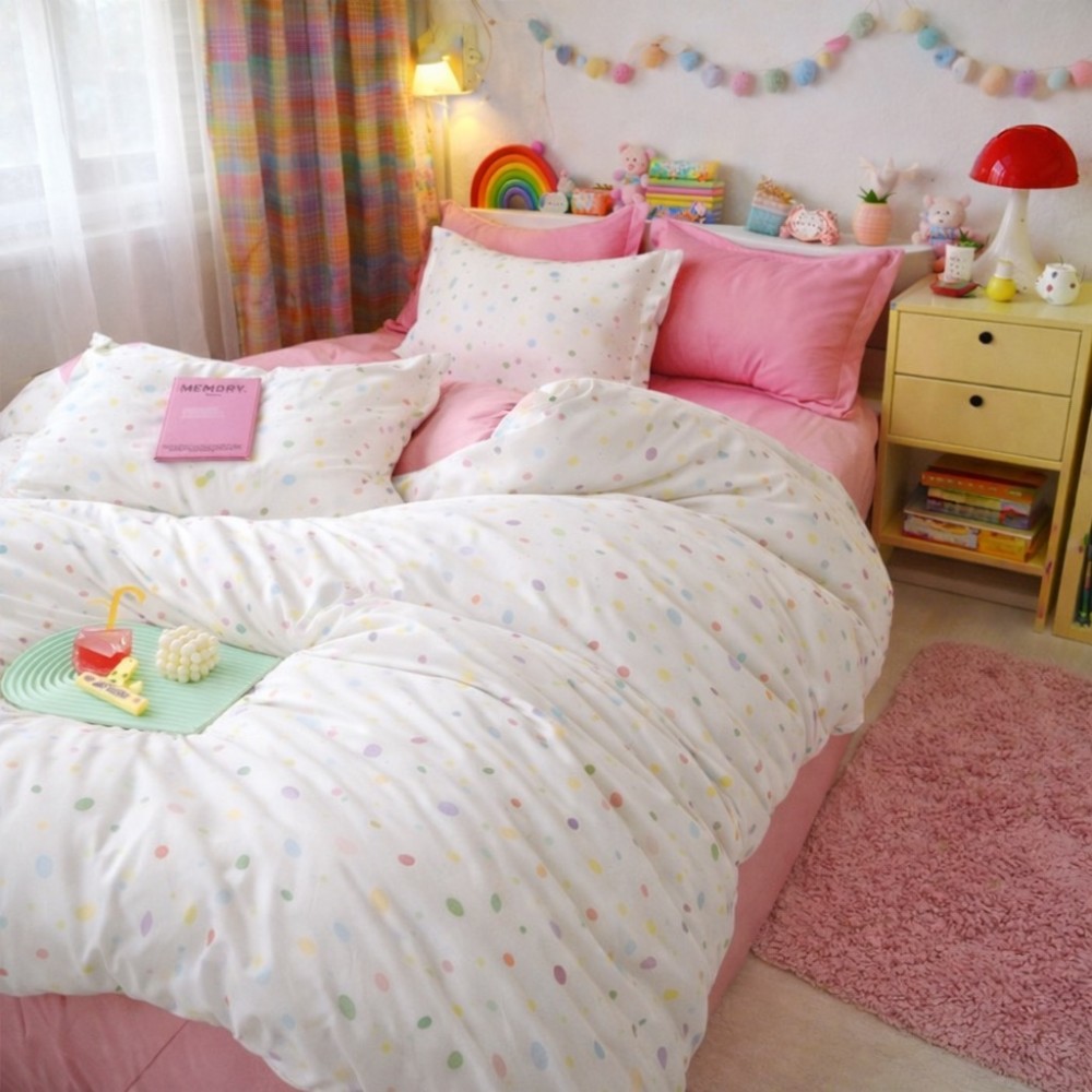 Lenjerie pat dublu, Finet, 6 piese, Roz, buline — imaginea 4