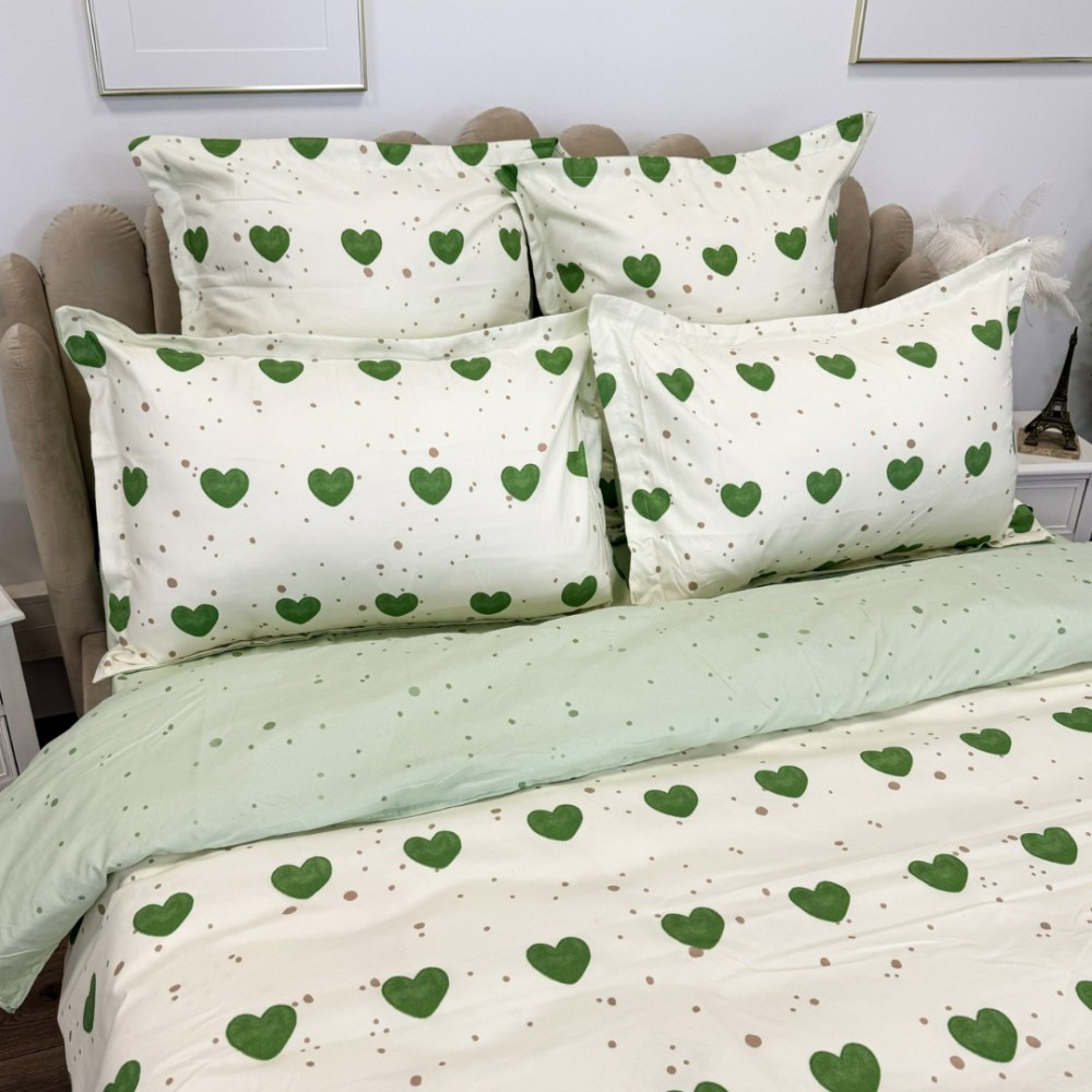 Lenjerie pat dublu, Finet, 6 piese, Verde, inimioare — imaginea 3