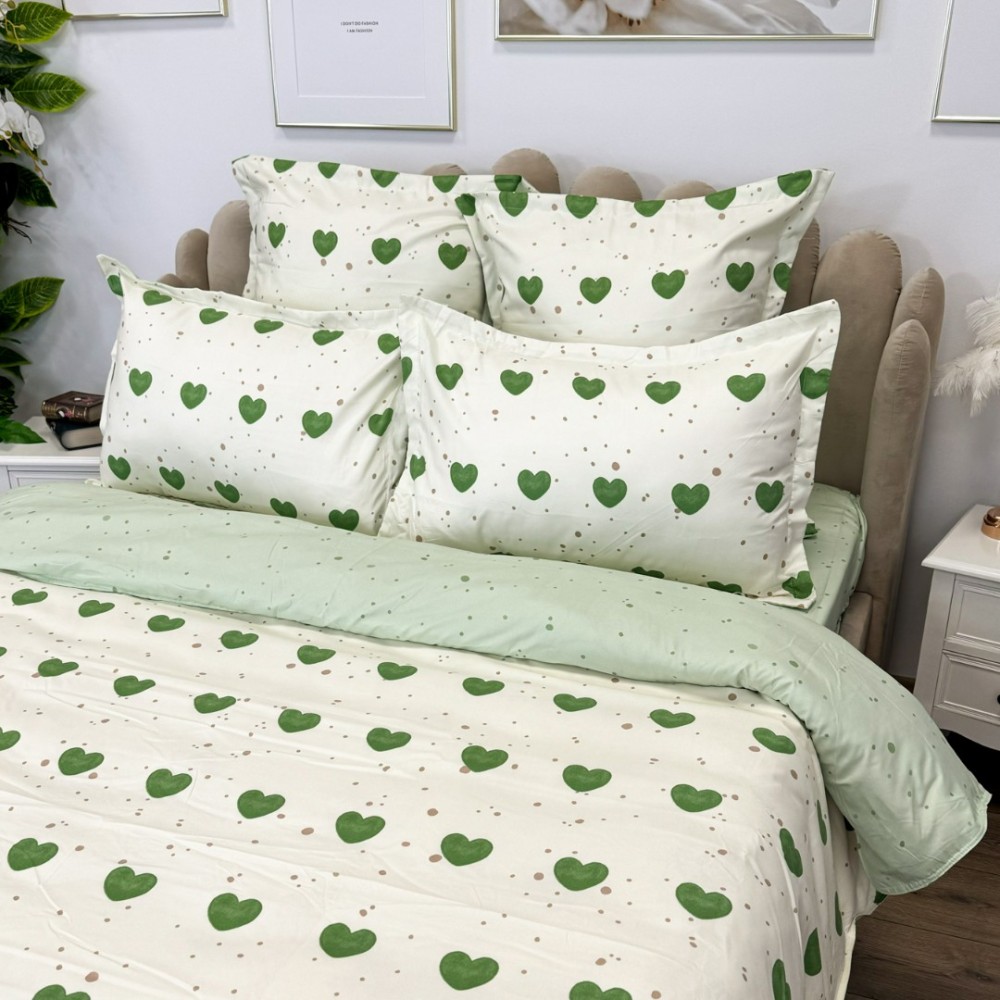 Lenjerie pat dublu, Finet, 6 piese, Verde, inimioare — imaginea 4
