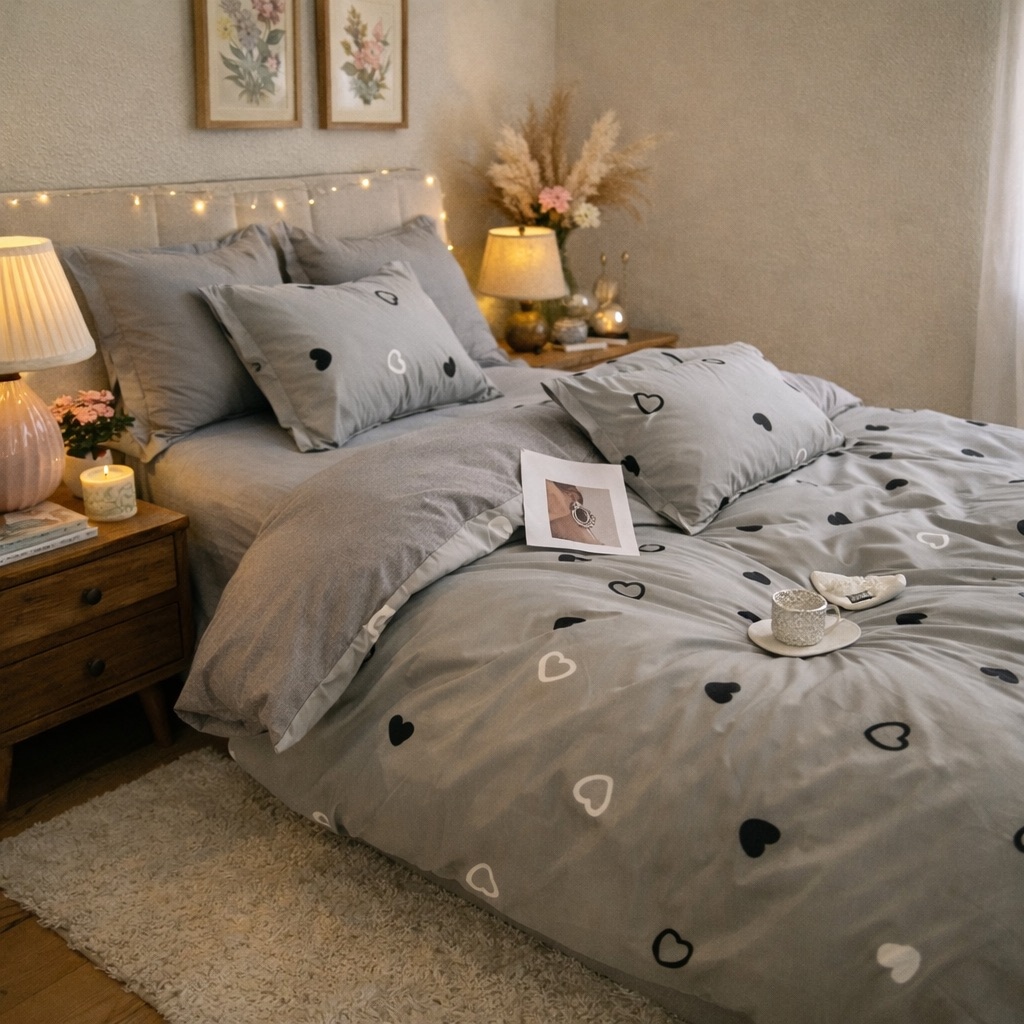 Lenjerie pat dublu, Finet, 6 piese, Gri, inimioare - view 3