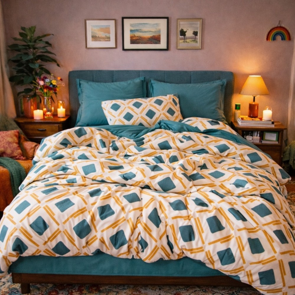 Lenjerie pat dublu, Finet, 6 piese, Verde, romburi — imaginea 3