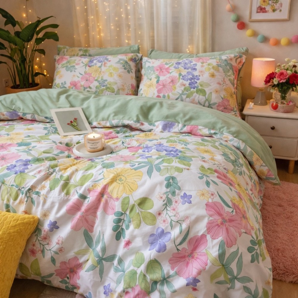 Lenjerie pat dublu, Finet, 6 piese, Verde, flori — imaginea 2