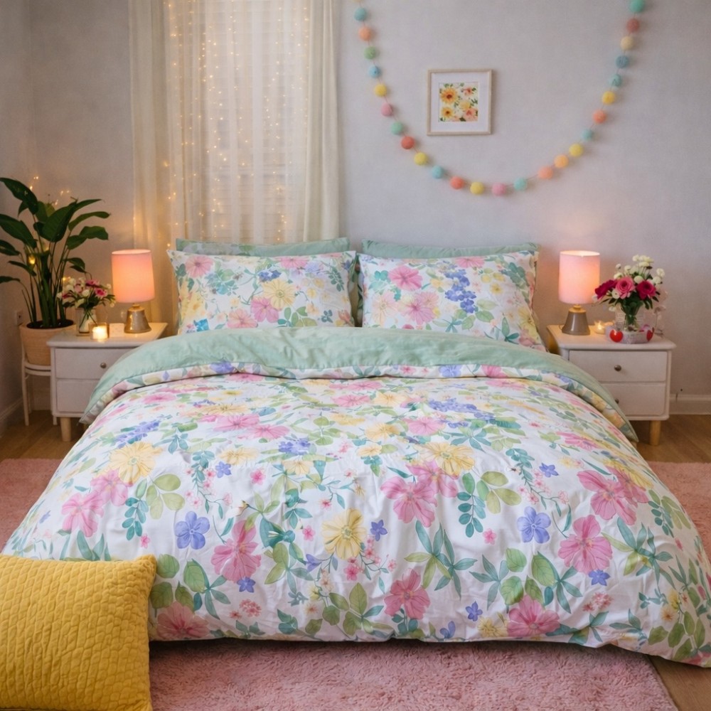 Lenjerie pat dublu, Finet, 6 piese, Verde, flori — imaginea 3