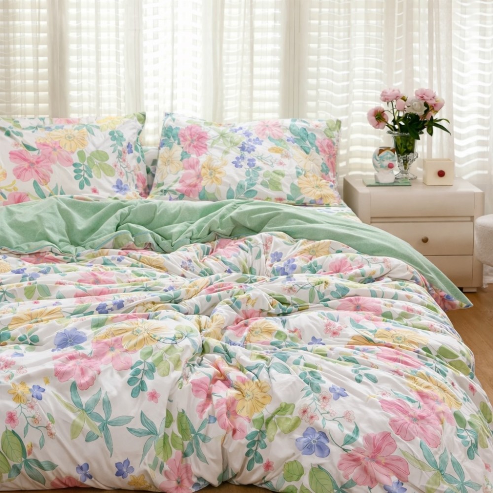 Lenjerie pat dublu, Finet, 6 piese, Verde, flori — imaginea 4