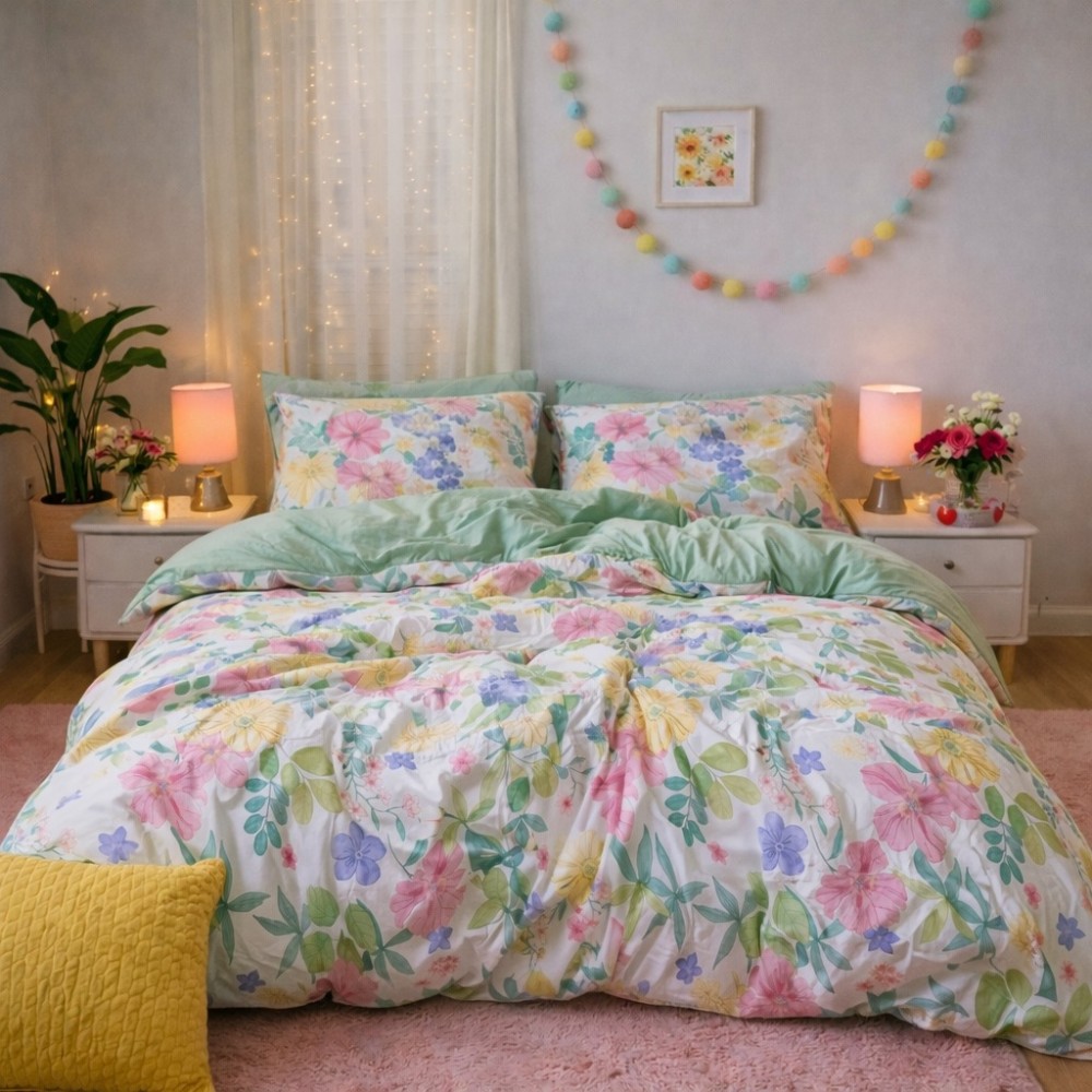 Lenjerie pat dublu, Finet, 6 piese, Verde, flori — imaginea 5