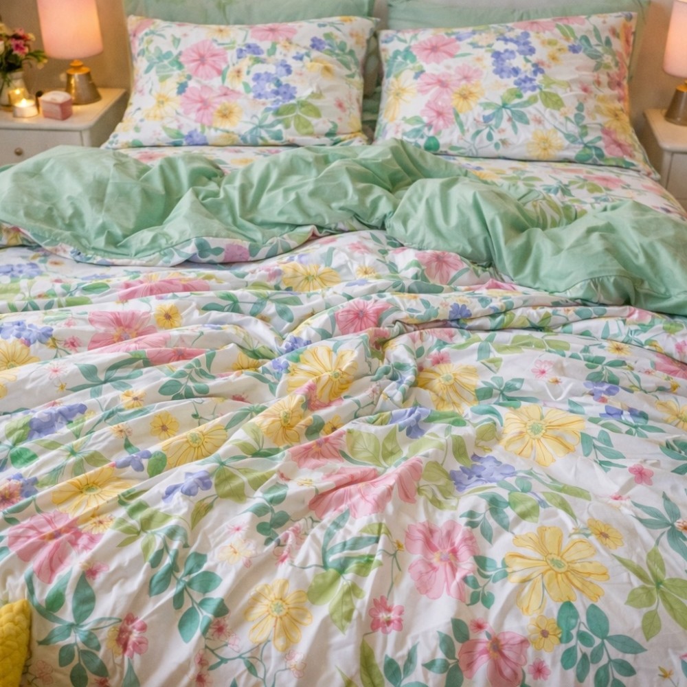Lenjerie pat dublu, Finet, 6 piese, Verde, flori — imaginea 6