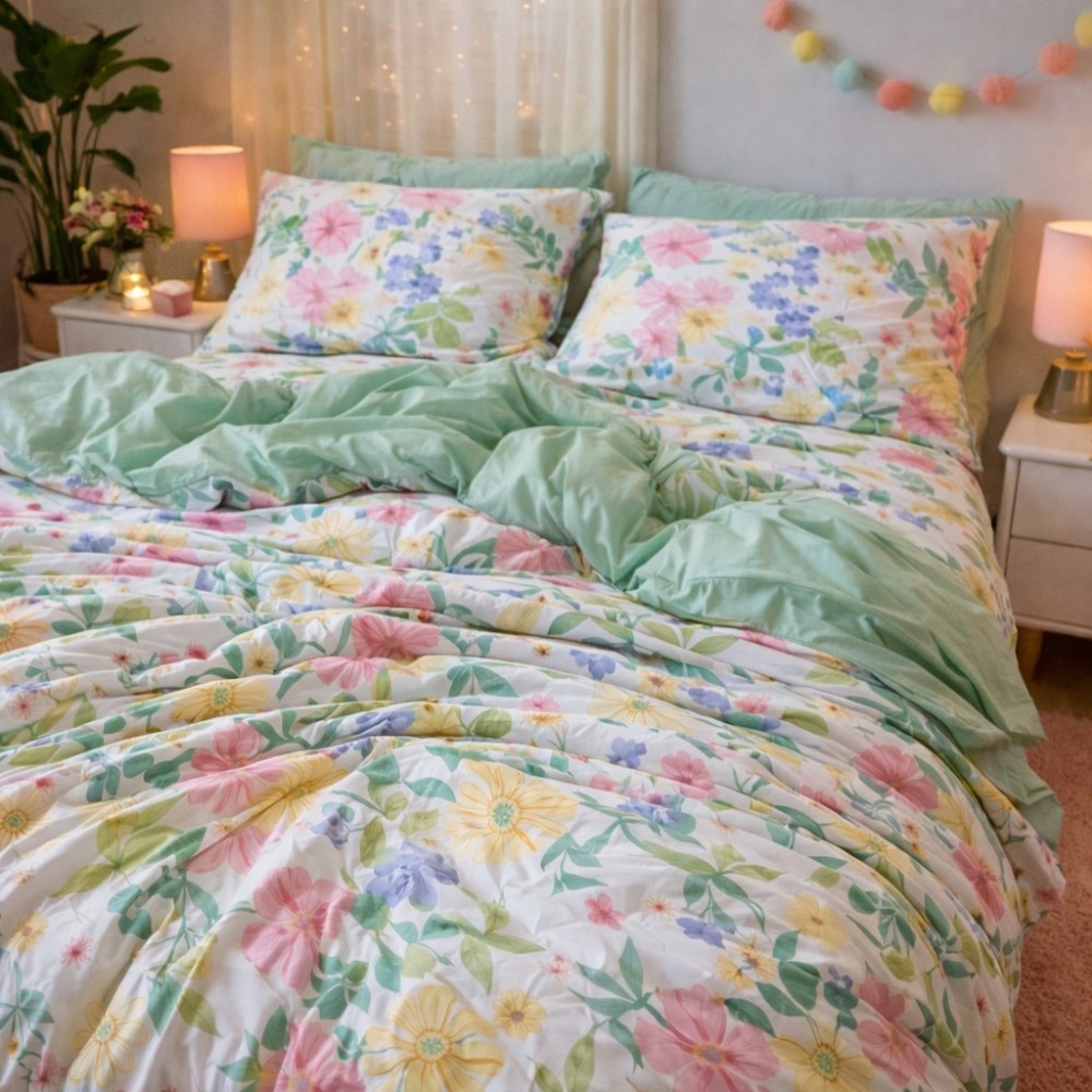 Lenjerie pat dublu, Finet, 6 piese, Verde, flori — imaginea 7