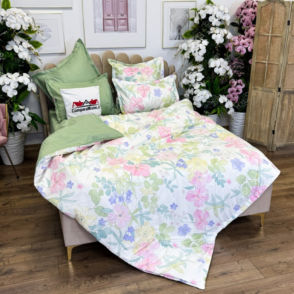 Lenjerie pat dublu, Finet, 6 piese, Verde, flori — imaginea 10