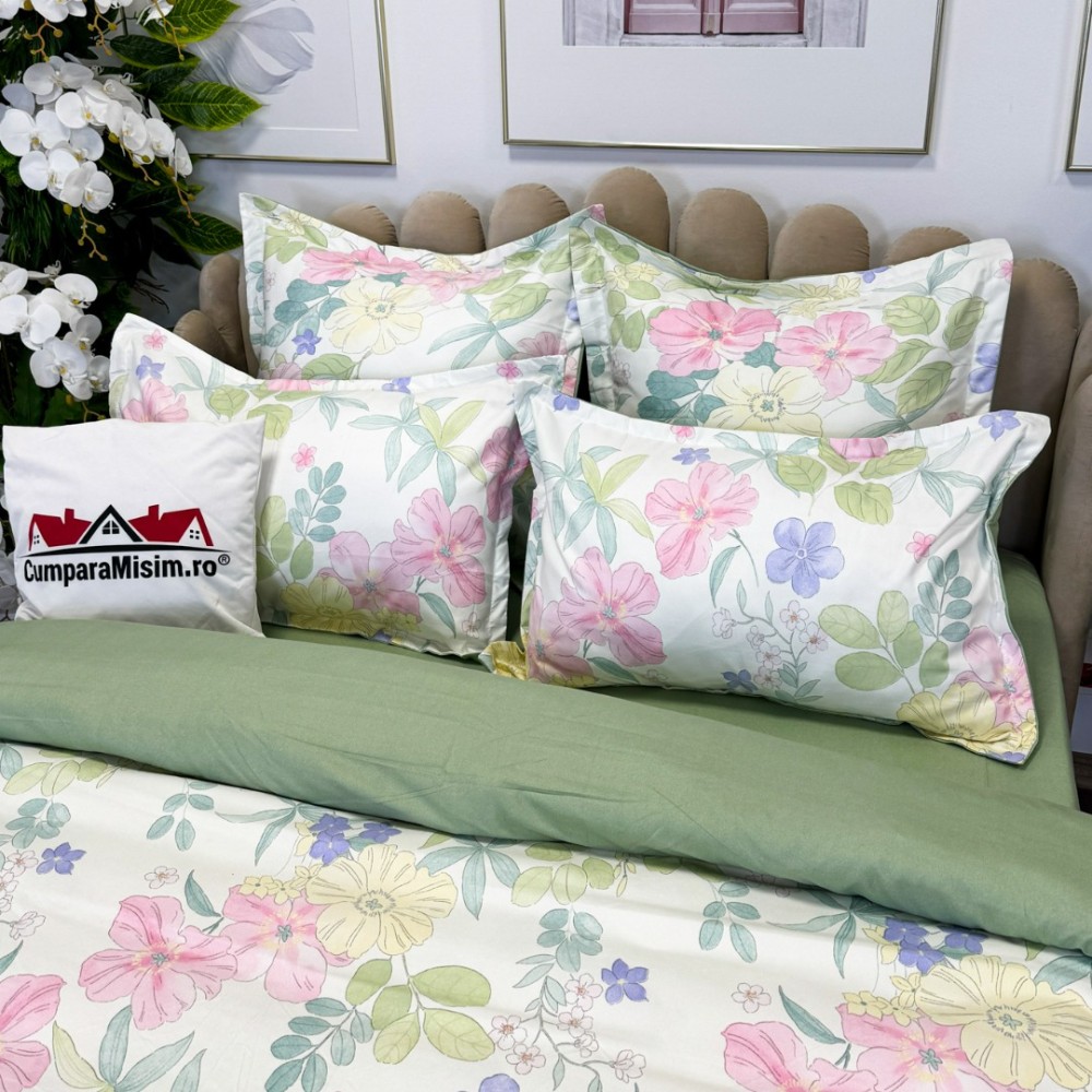 Lenjerie pat dublu, Finet, 6 piese, Verde, flori — imaginea 13