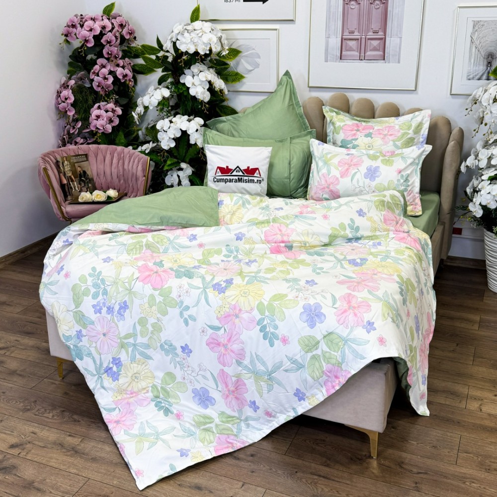 Lenjerie pat dublu, Finet, 6 piese, Verde, flori — imaginea 14