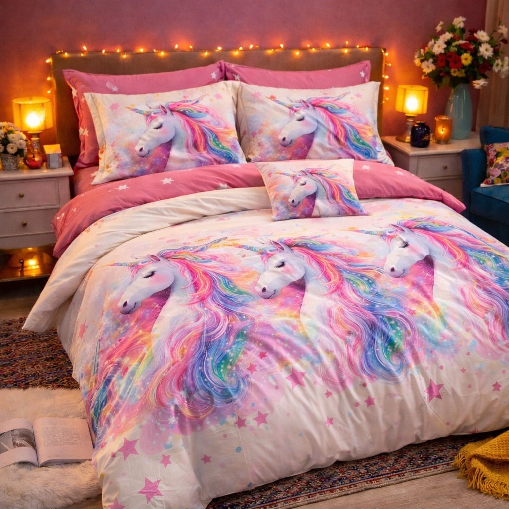 Lenjerie pat dublu, Finet, 6 piese, Roz, Bleu, unicorni fantasy - view 3