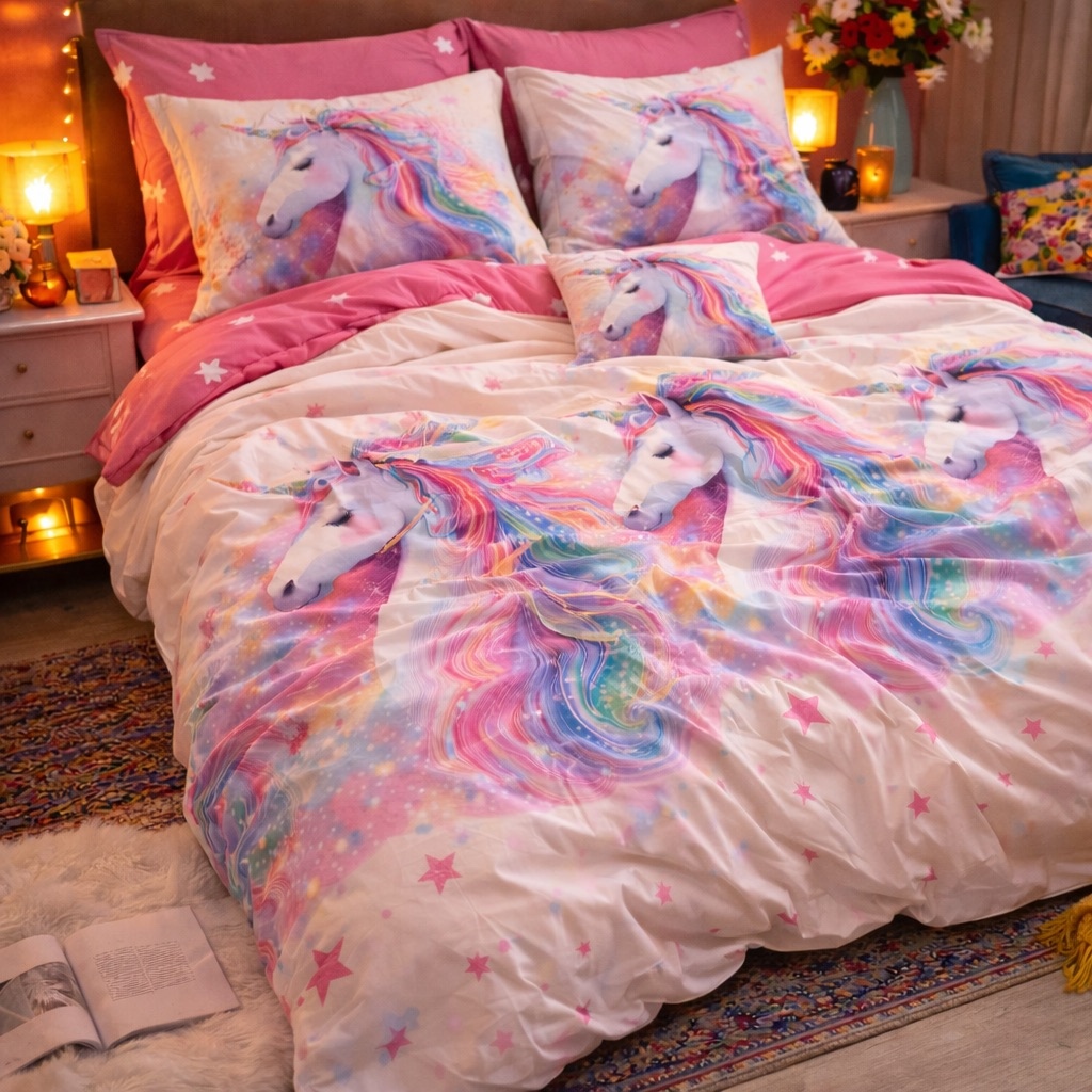 Lenjerie pat dublu, Finet, 6 piese, Roz, Bleu, unicorni fantasy - view 4