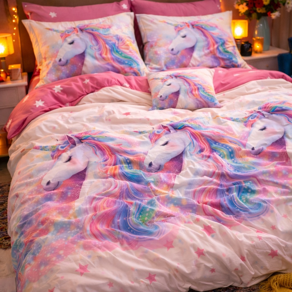 Lenjerie pat dublu, Finet, 6 piese, Roz, Bleu, unicorni fantasy - view 5