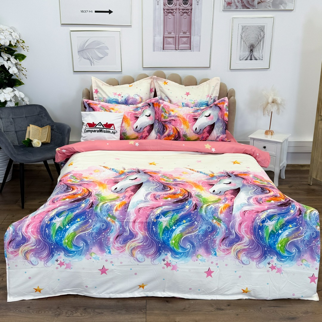 Lenjerie pat dublu, Finet, 6 piese, Roz, Bleu, unicorni fantasy - view 7