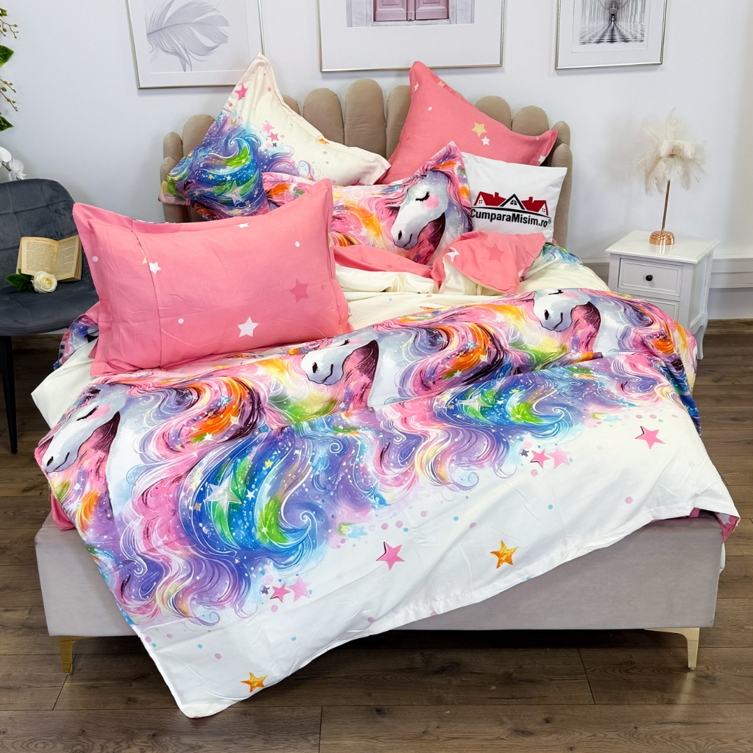 Lenjerie pat dublu, Finet, 6 piese, Roz, Bleu, unicorni fantasy - view 8
