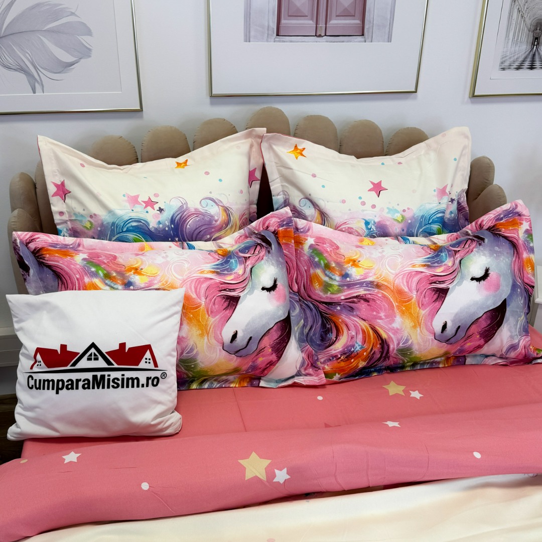Lenjerie pat dublu, Finet, 6 piese, Roz, Bleu, unicorni fantasy - view 9