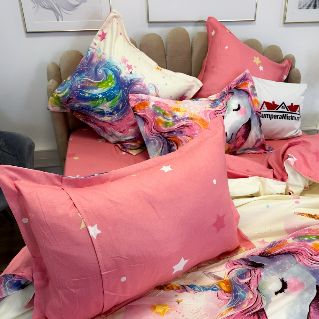 Lenjerie pat dublu, Finet, 6 piese, Roz, Bleu, unicorni fantasy - view 10