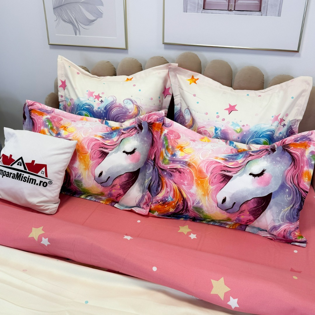 Lenjerie pat dublu, Finet, 6 piese, Roz, Bleu, unicorni fantasy - view 11