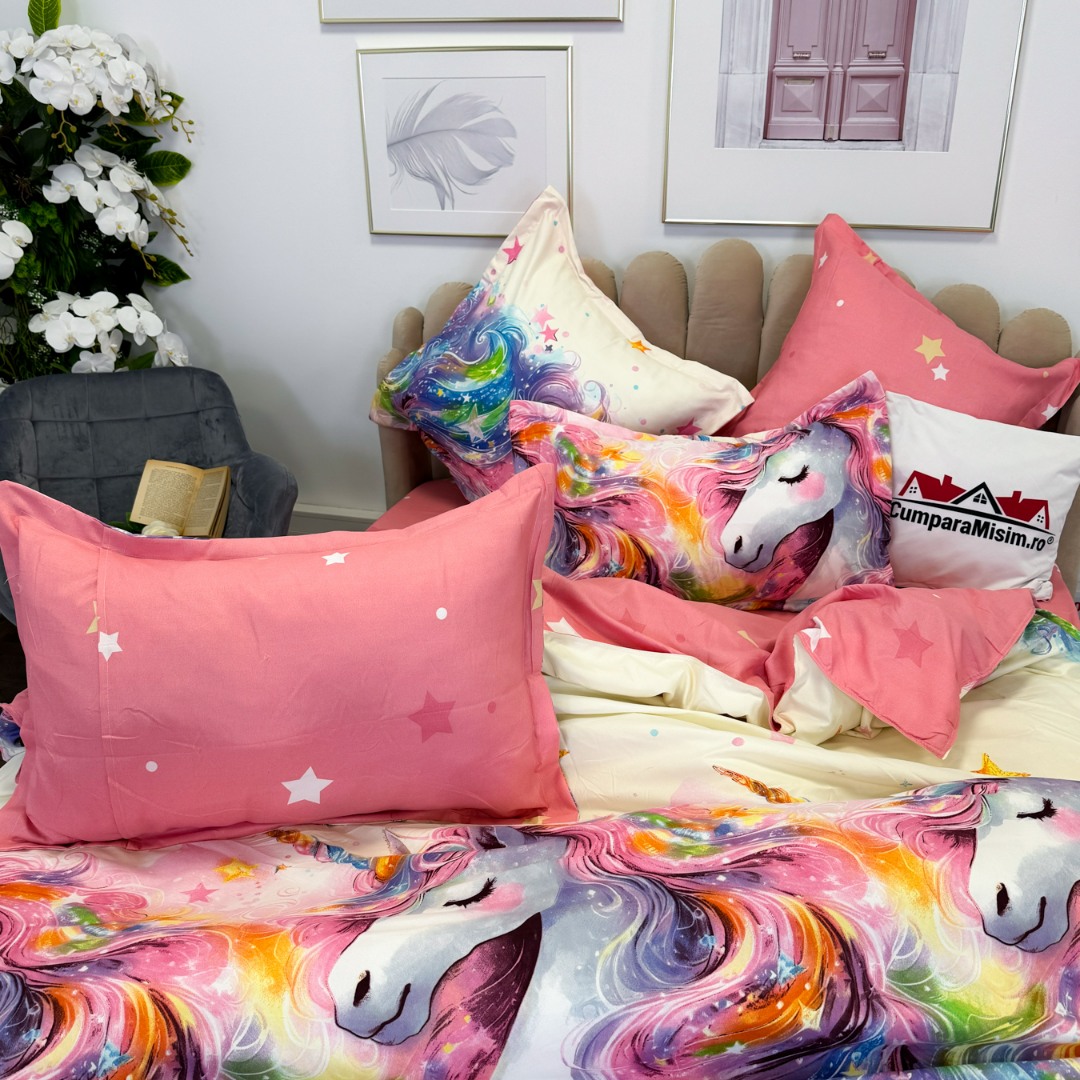 Lenjerie pat dublu, Finet, 6 piese, Roz, Bleu, unicorni fantasy - view 12