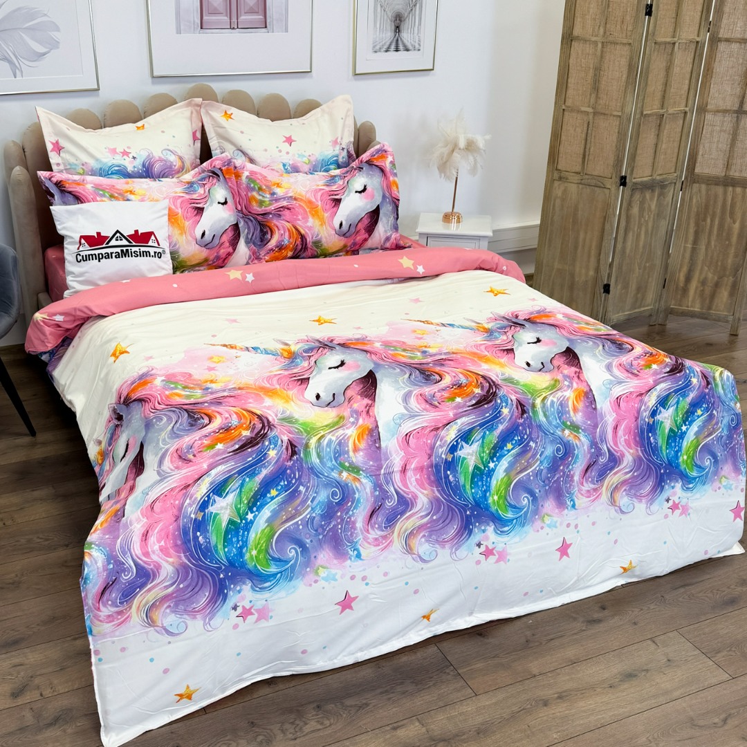 Lenjerie pat dublu, Finet, 6 piese, Roz, Bleu, unicorni fantasy - view 13