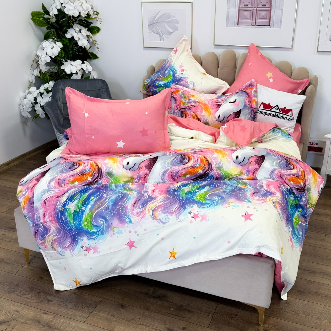 Lenjerie pat dublu, Finet, 6 piese, Roz, Bleu, unicorni fantasy - view 14