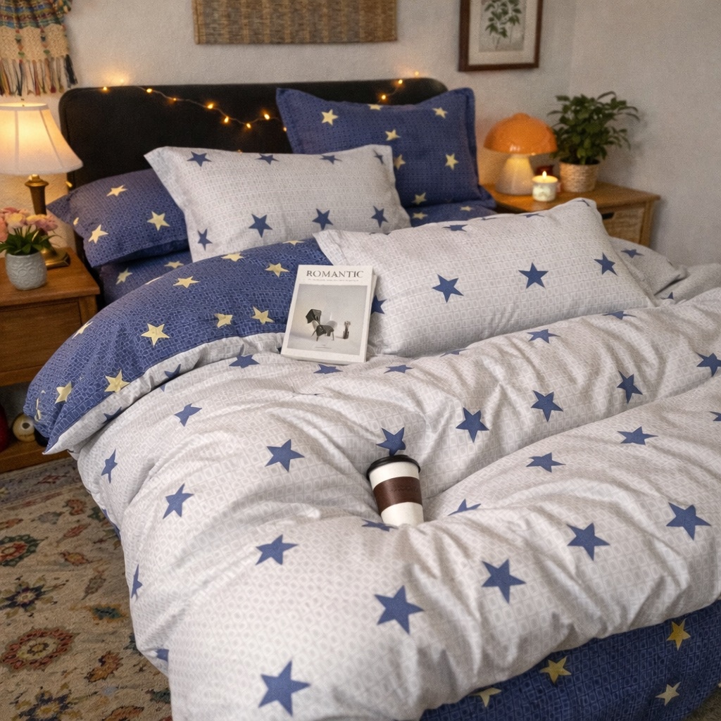 Lenjerie pat dublu, Finet, 6 piese, Gri, Albastru, stelute - view 4