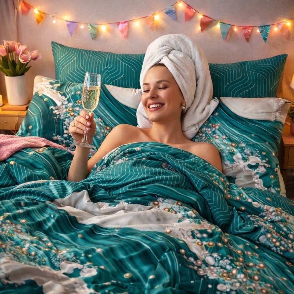 Lenjerie pat dublu, Finet, 6 piese, Verde, abstract - view 7