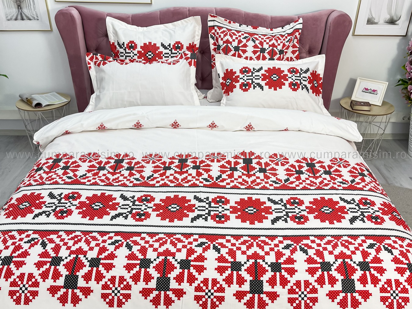 Lenjerie pat dublu cu ELASTIC, Finet, 6 piese, Alb-Rosu, model traditional - imagine 3