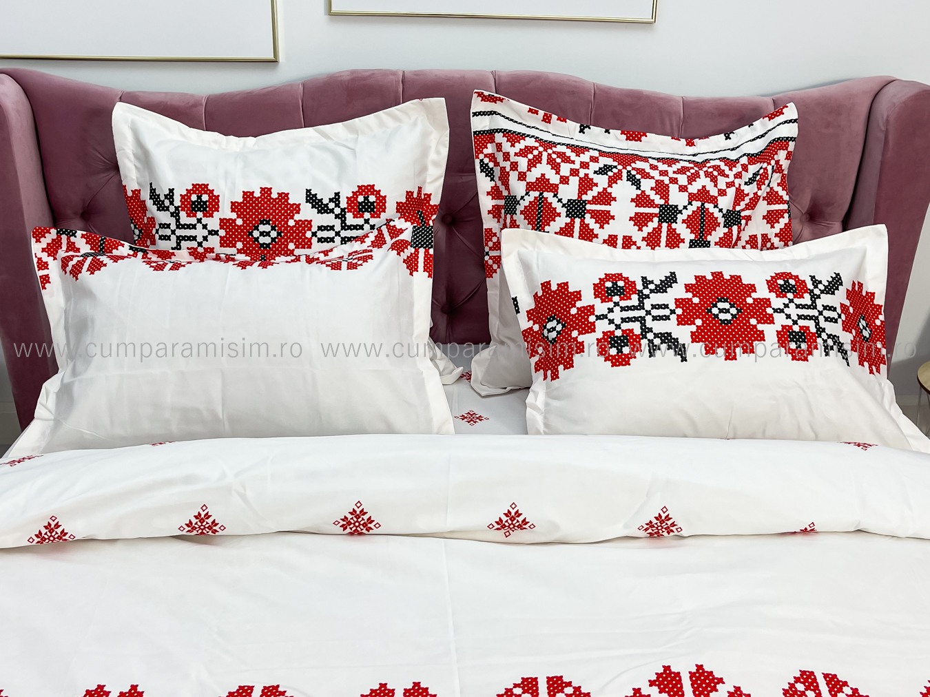 Lenjerie pat dublu cu ELASTIC, Finet, 6 piese, Alb-Rosu, model traditional - imagine 4