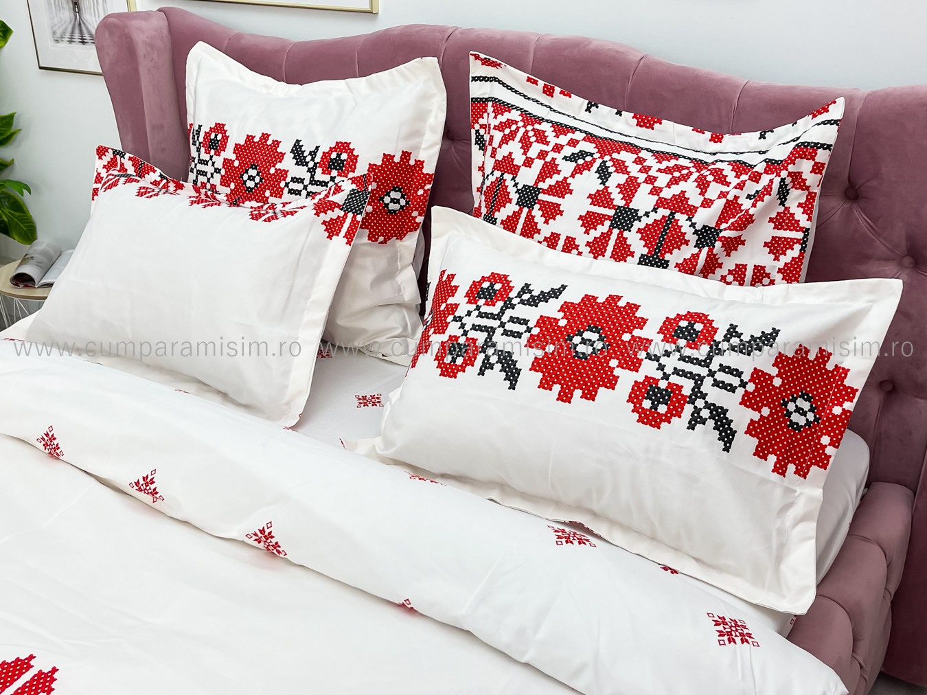 Lenjerie pat dublu cu ELASTIC, Finet, 6 piese, Alb-Rosu, model traditional - imagine 6