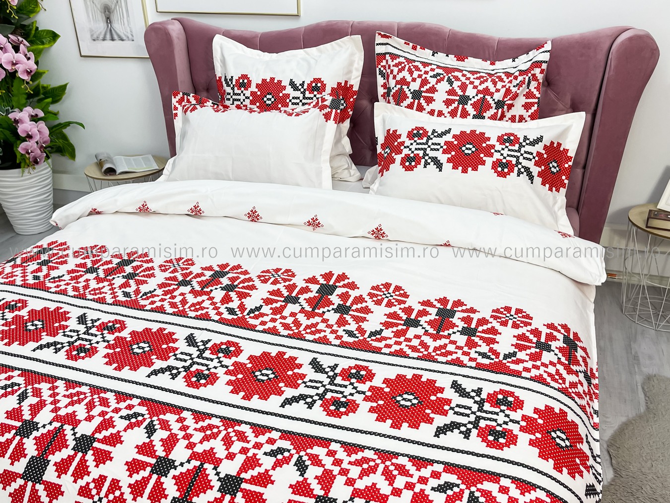 Lenjerie pat dublu cu ELASTIC, Finet, 6 piese, Alb-Rosu, model traditional - imagine 7