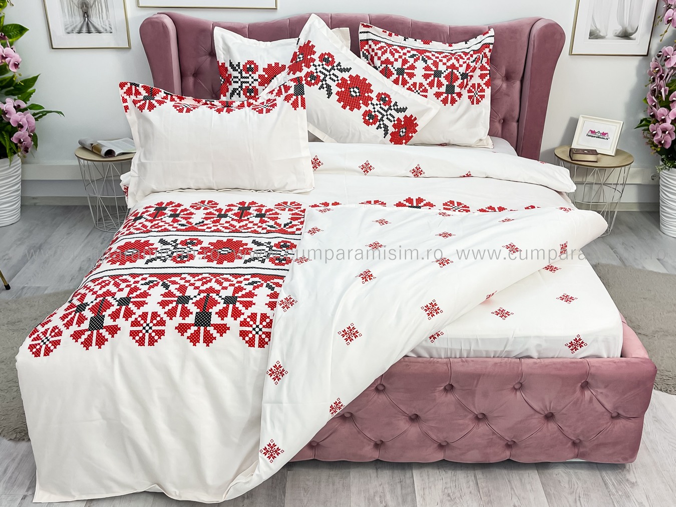 Lenjerie pat dublu cu ELASTIC, Finet, 6 piese, Alb-Rosu, model traditional - imagine 8
