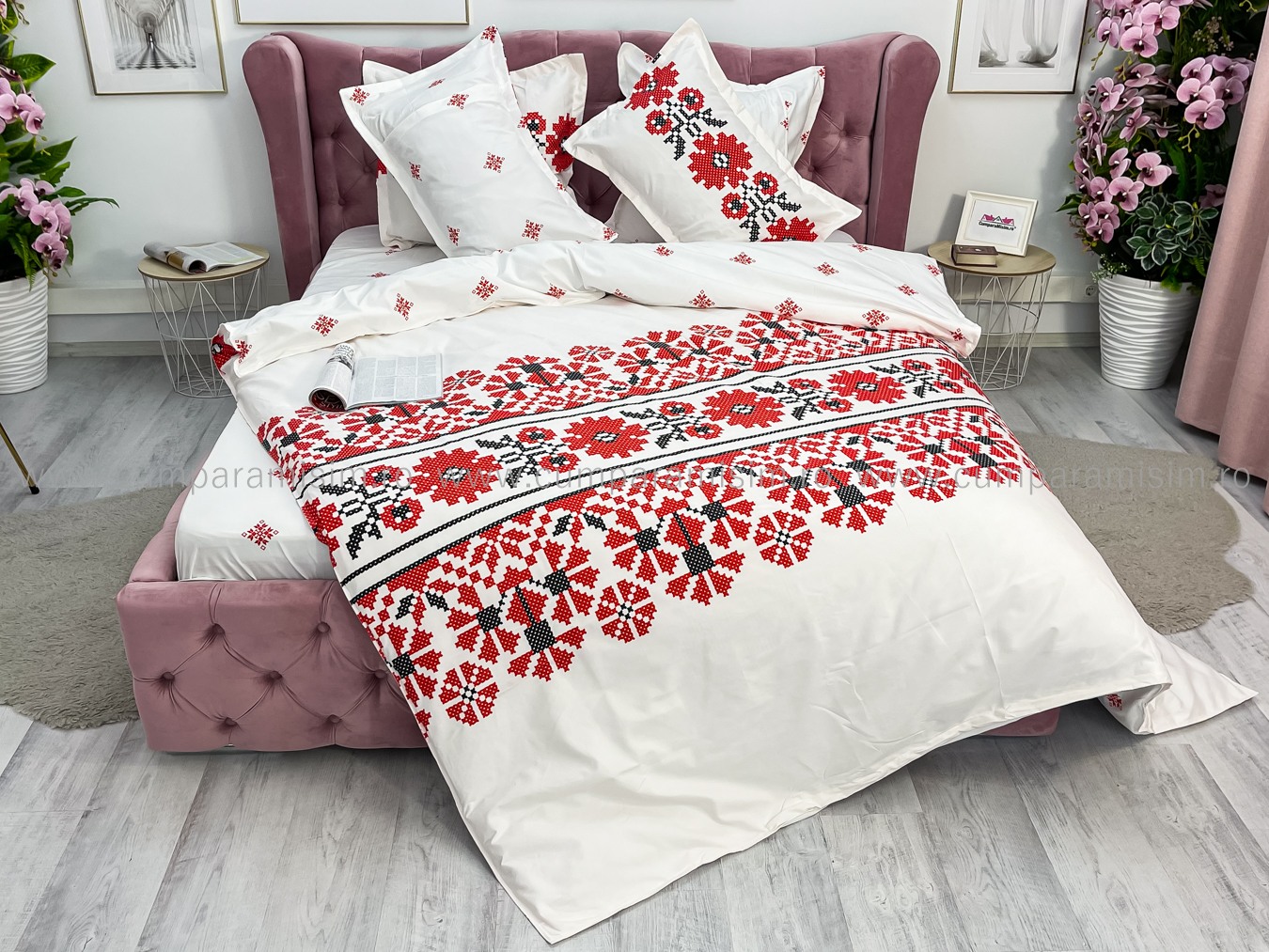 Lenjerie pat dublu cu ELASTIC, Finet, 6 piese, Alb-Rosu, model traditional - imagine 9