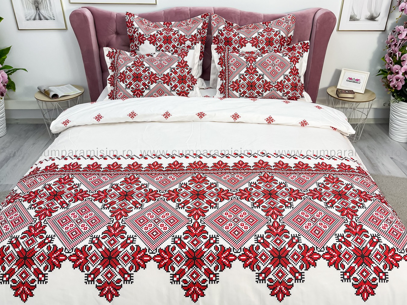 Lenjerie pat dublu cu ELASTIC, Finet, 6 piese, Alb-Rosu, model traditional - imagine 3