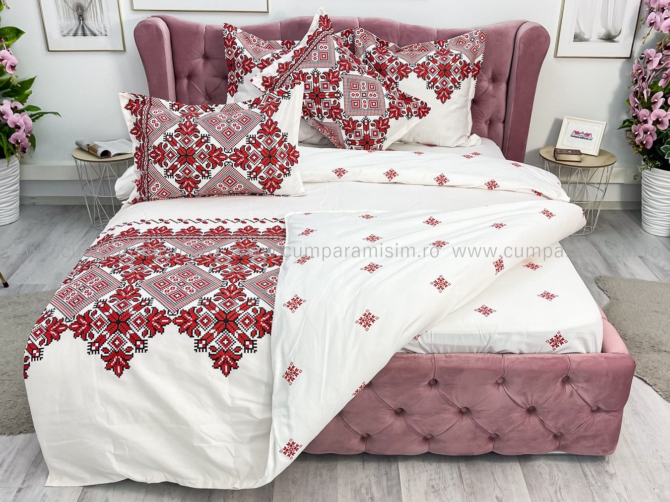 Lenjerie pat dublu cu ELASTIC, Finet, 6 piese, Alb-Rosu, model traditional - imagine 8