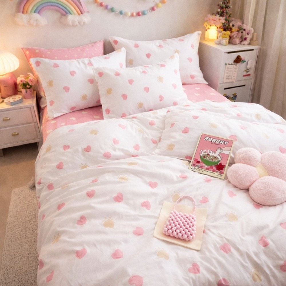 Lenjerie pat dublu cu ELASTIC, Finet, 6 piese, Alb, Roz, inimioare — imaginea 3
