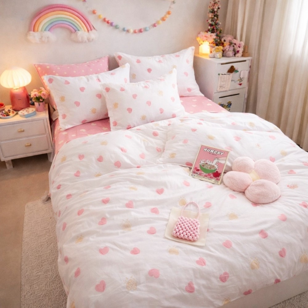 Lenjerie pat dublu cu ELASTIC, Finet, 6 piese, Alb, Roz, inimioare — imaginea 4