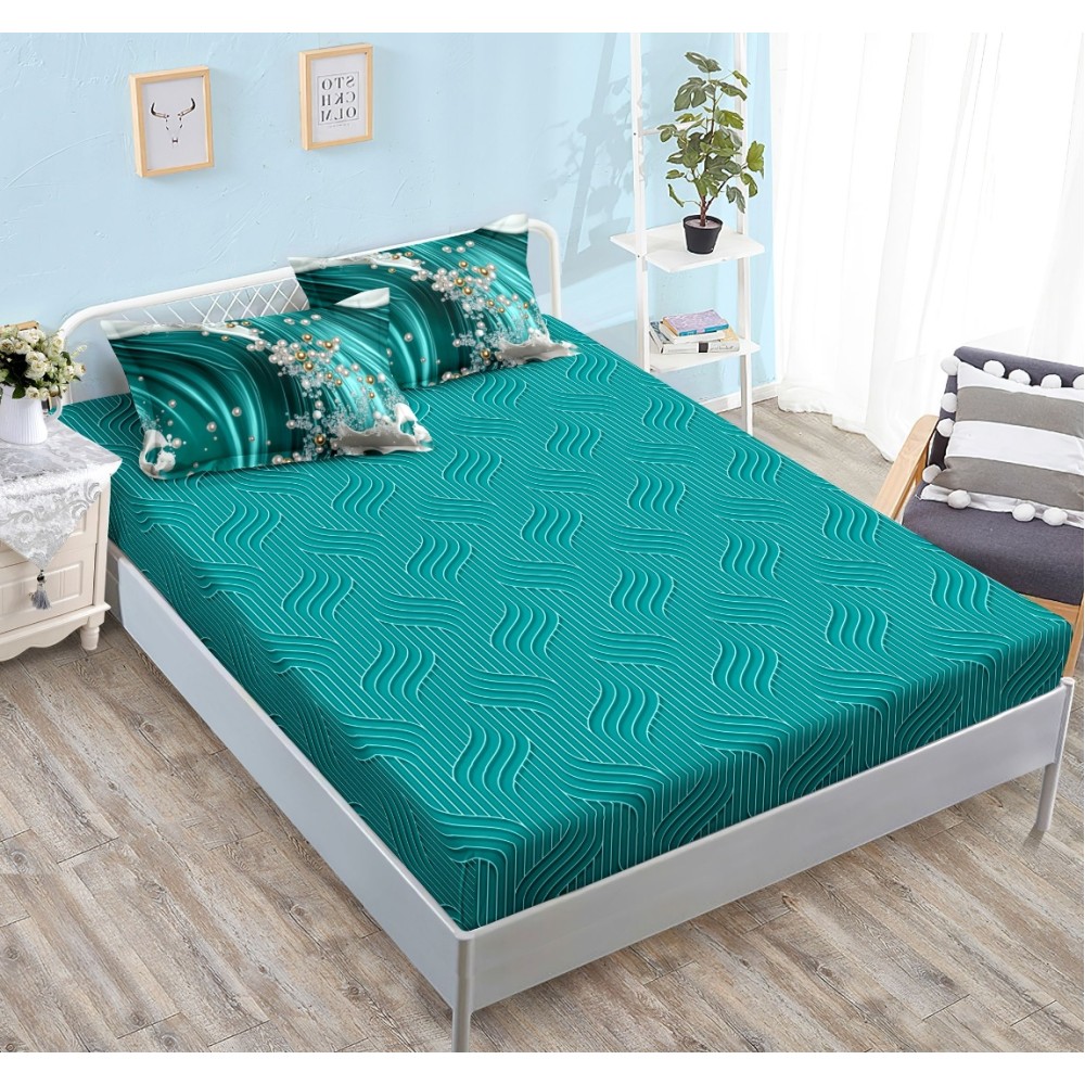 Lenjerie pat dublu cu ELASTIC, Finet, 6 piese, Verde, abstract - view 2