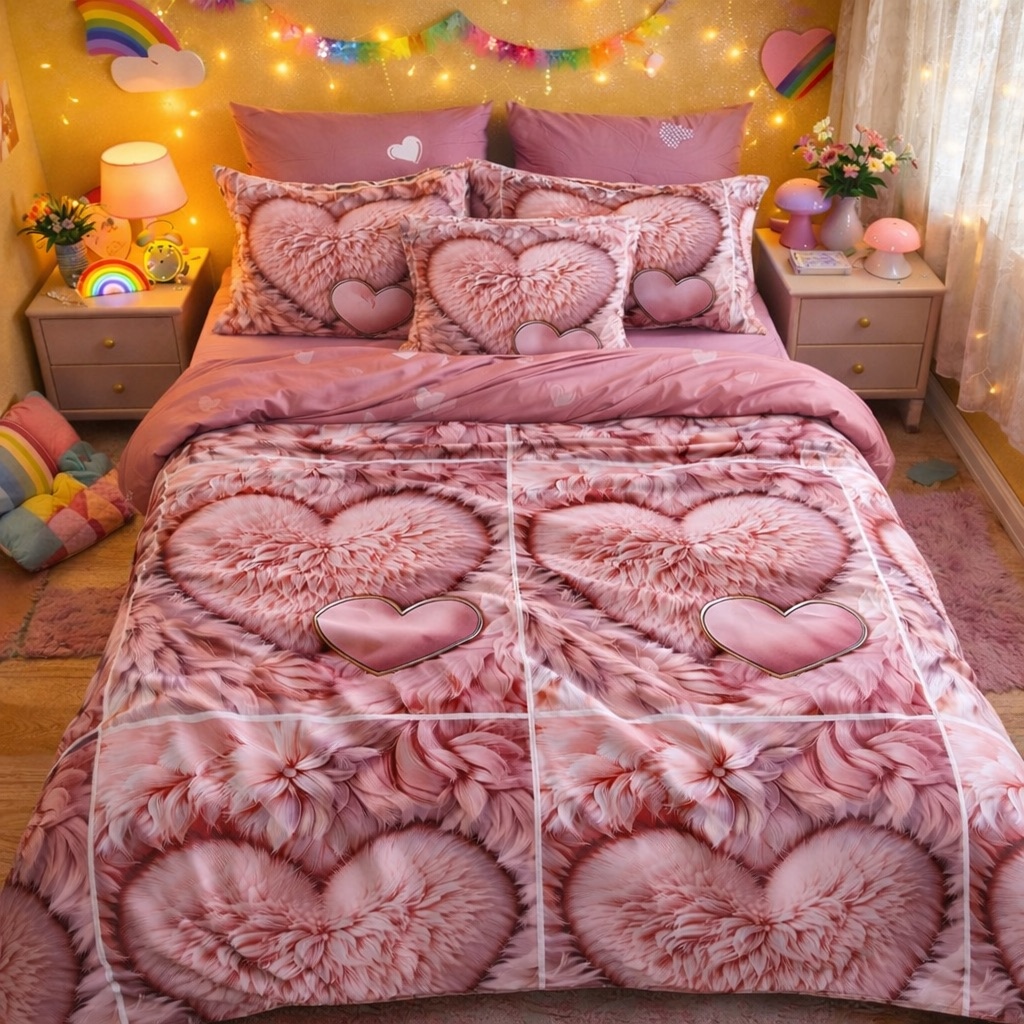Lenjerie pat dublu cu ELASTIC, Finet, 6 piese, Roz, inimioare pufoase - view 7