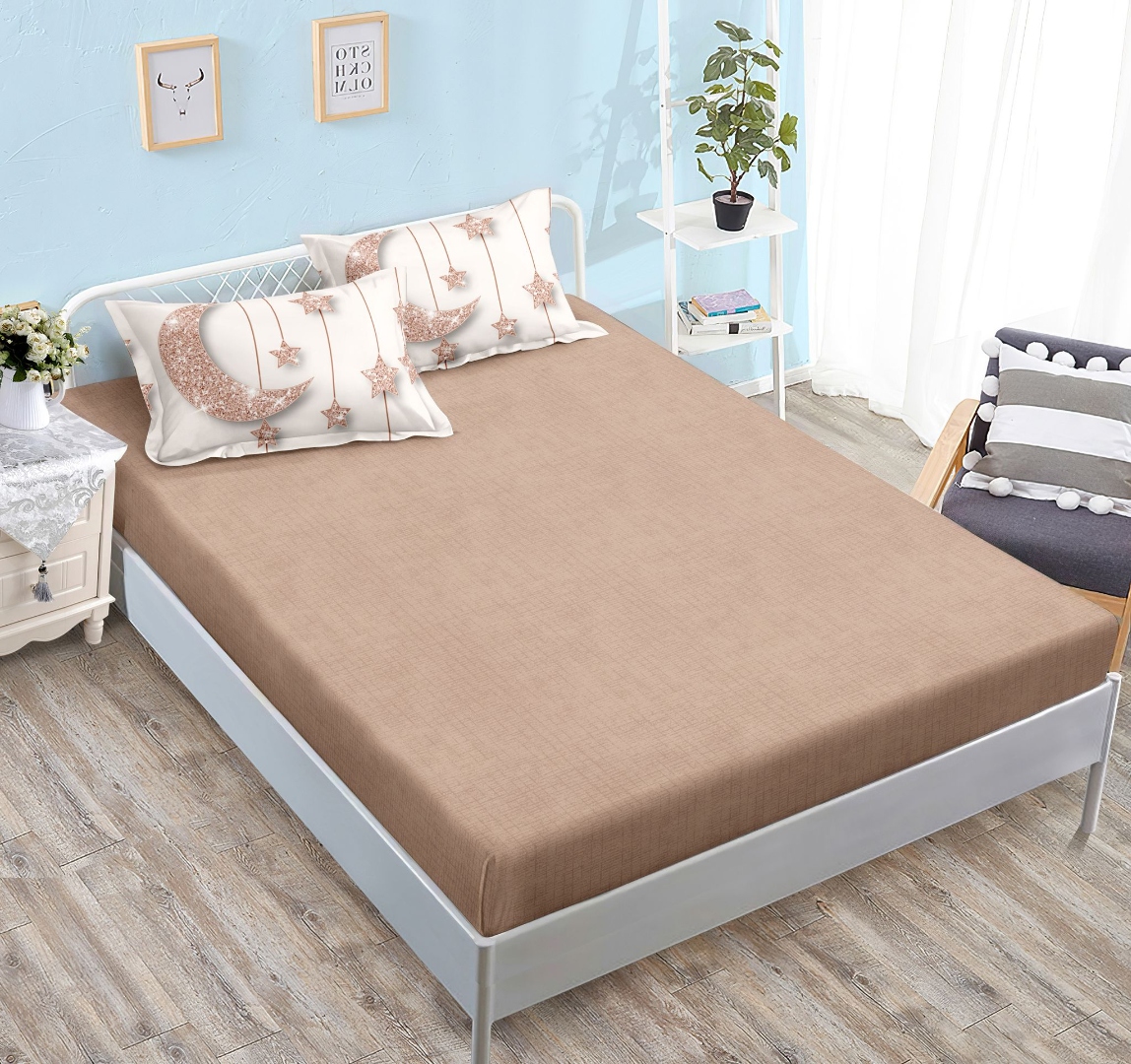 Lenjerie pat dublu cu ELASTIC, Finet, 6 piese, Bej, luna si stele - imagine 2